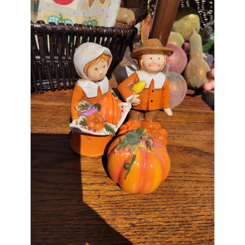 Vintage Thanksgiving Pilgrim Ceramic Figurine Set Harvest Pumpkin Decor 3 Piece